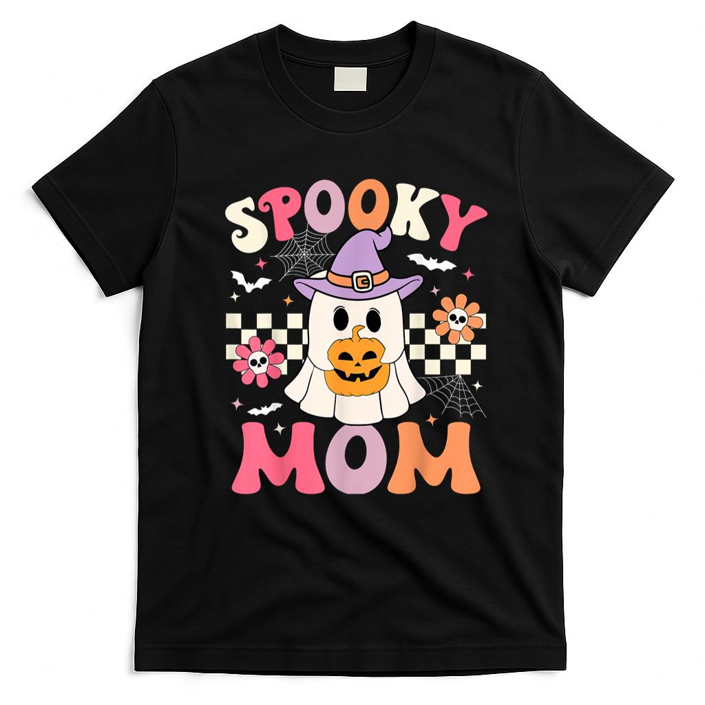 Pet Mom Halloween Shirt - Groovy Spooky Mom Retro Ghost Holding Pumpkin Halloween T-Shirt