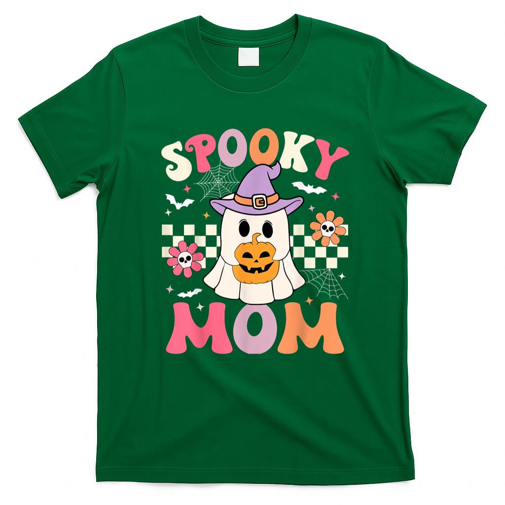 Pet Mom Halloween Shirt - Groovy Spooky Mom Retro Ghost Holding Pumpkin Halloween T-Shirt