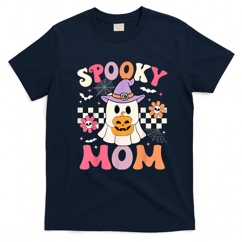 Pet Mom Halloween Shirt - Groovy Spooky Mom Retro Ghost Holding Pumpkin Halloween T-Shirt