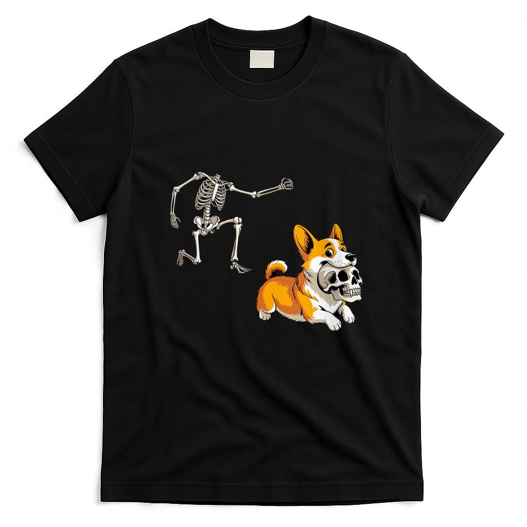Pet Mom Halloween Shirt - Womens Funny Skeleton Chasing Corgi Halloween Dog Mom Pet Lover V-Neck T-Shirt_2