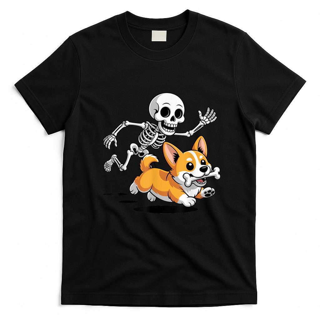 Pet Mom Halloween Shirt - Funny Skeleton Chasing Corgi Halloween Dog Mom Pet Lover T-Shirt_4