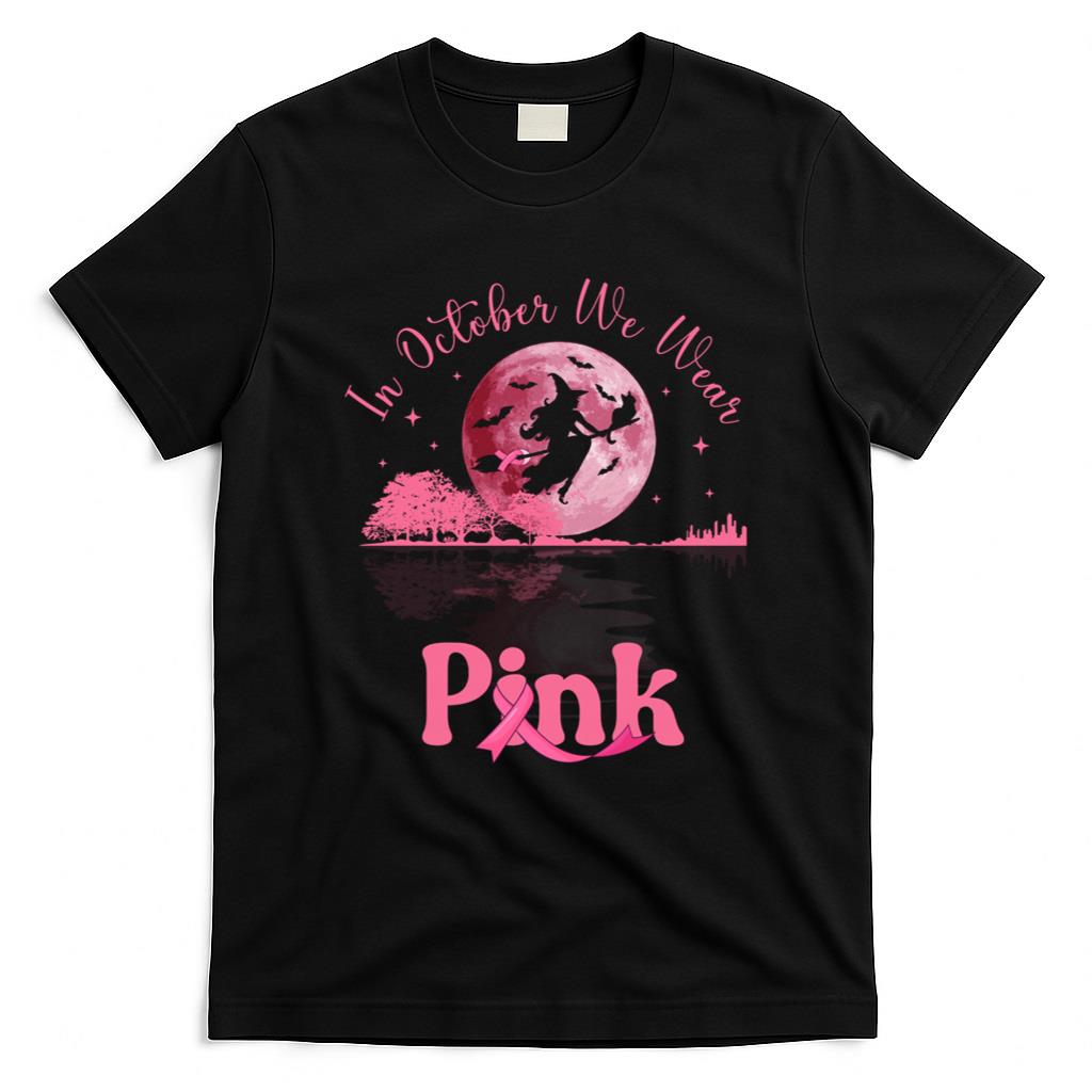 Halloween Shirt - In October We Wear Pink Witch & Cat Breast Cancer Halloween Long Sleeve T-Shirt