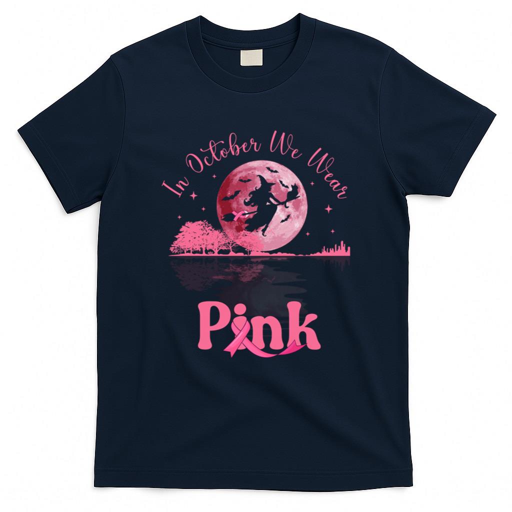 Halloween Shirt - In October We Wear Pink Witch & Cat Breast Cancer Halloween Long Sleeve T-Shirt