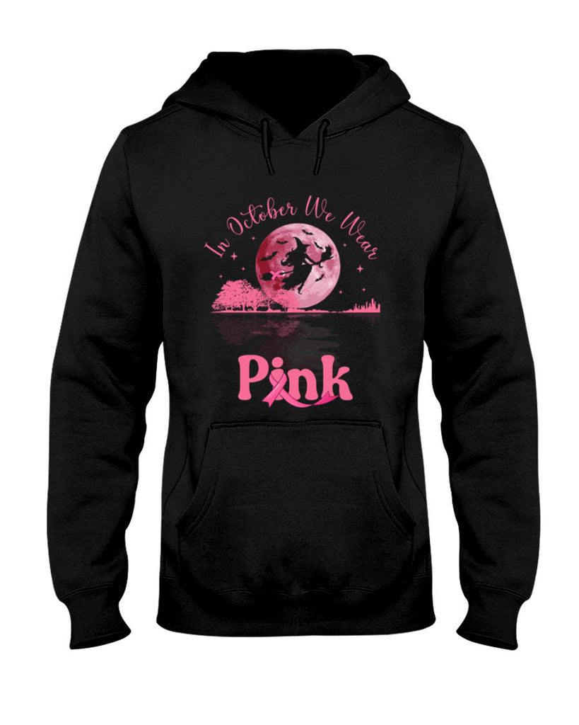 Halloween Shirt - In October We Wear Pink Witch & Cat Breast Cancer Halloween Long Sleeve T-Shirt