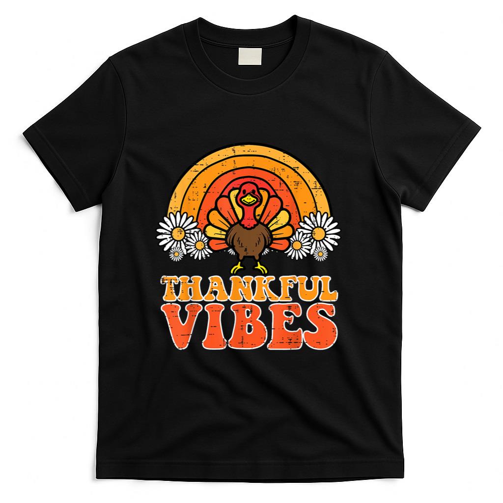 Thankful Vibes Turkey Rainbow Funny Retro Thanksgiving Women T-Shirt
