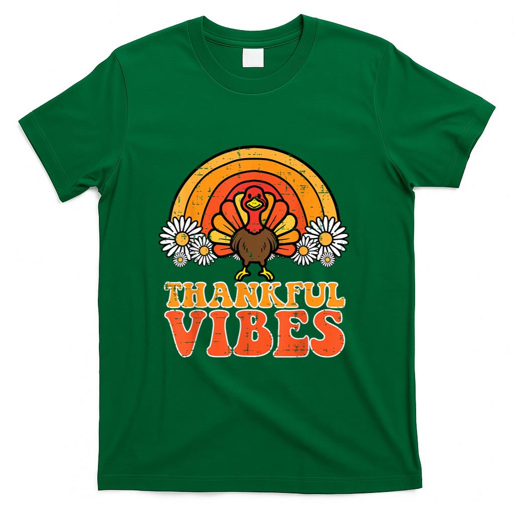 Thankful Vibes Turkey Rainbow Funny Retro Thanksgiving Women T-Shirt