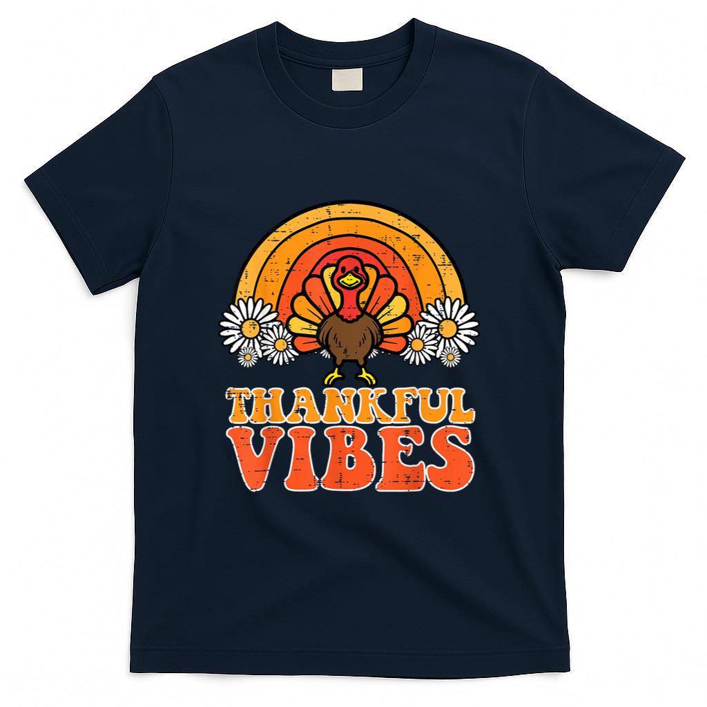 Thankful Vibes Turkey Rainbow Funny Retro Thanksgiving Women T-Shirt