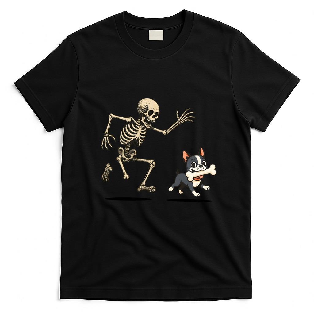 Pet Mom Halloween Shirt - Skeleton Chasing Dog Boston Terrier Halloween Mom Pet Lover Long Sleeve T-Shirt