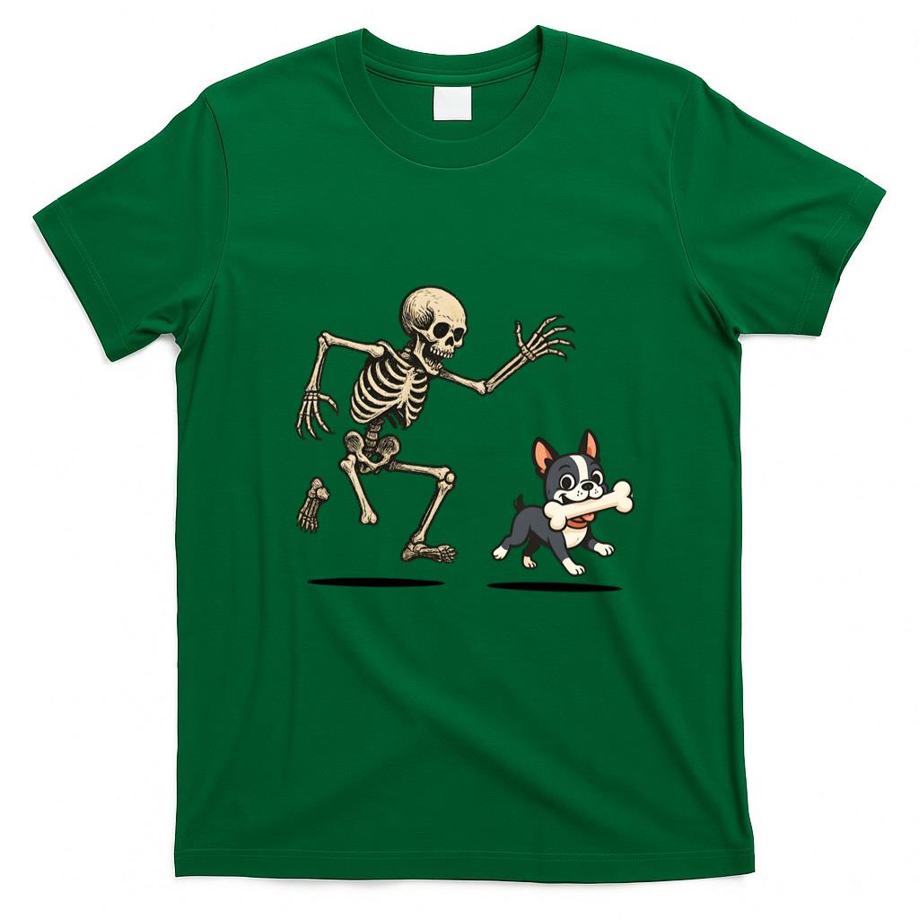 Pet Mom Halloween Shirt - Skeleton Chasing Dog Boston Terrier Halloween Mom Pet Lover Long Sleeve T-Shirt
