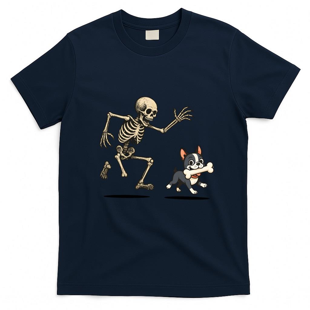Pet Mom Halloween Shirt - Skeleton Chasing Dog Boston Terrier Halloween Mom Pet Lover Long Sleeve T-Shirt