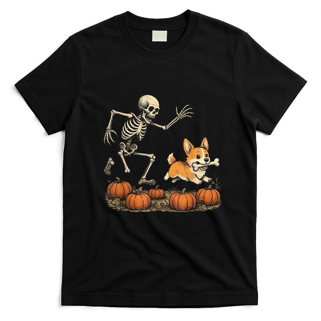 Pet Mom Halloween Shirt - Funny Skeleton Chasing Corgi Halloween Dog Mom Pet Lover T-Shirt_6