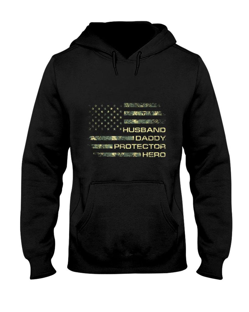 Husband Daddy Protector Hero Fathers Day Camo American Flag T-Shirt