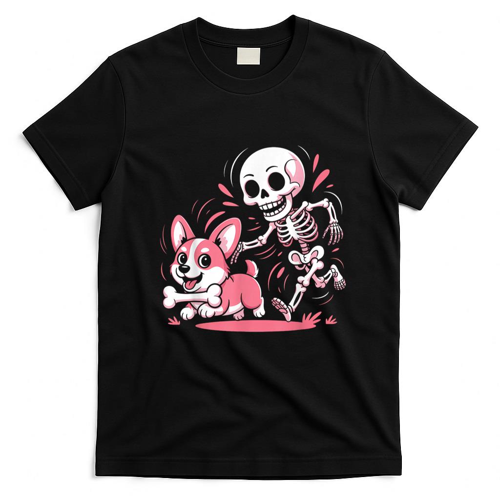 Pet Mom Halloween Shirt - Skeleton Chasing Corgi Halloween Dog Mom Pet Lover Cute T-Shirt