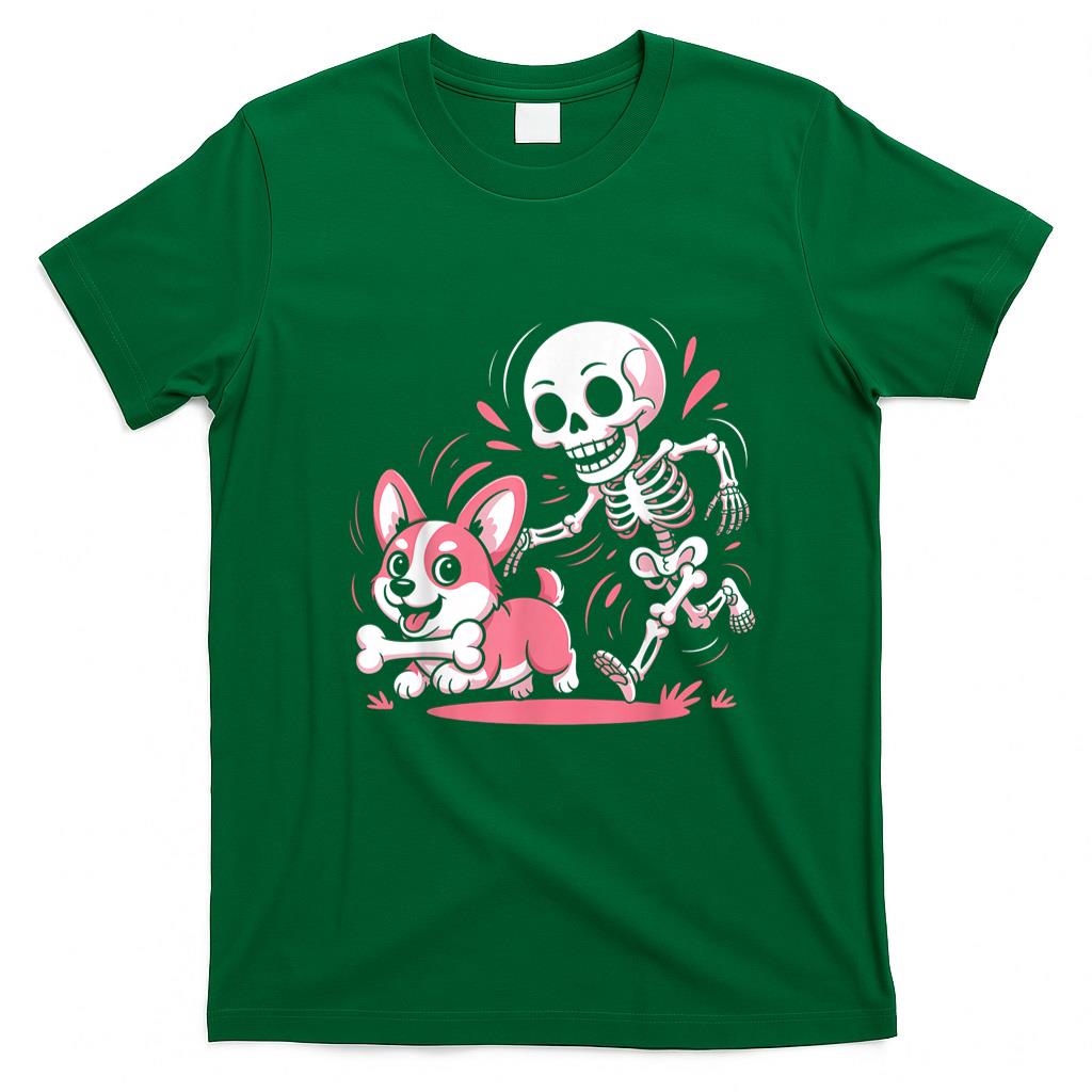 Pet Mom Halloween Shirt - Skeleton Chasing Corgi Halloween Dog Mom Pet Lover Cute T-Shirt