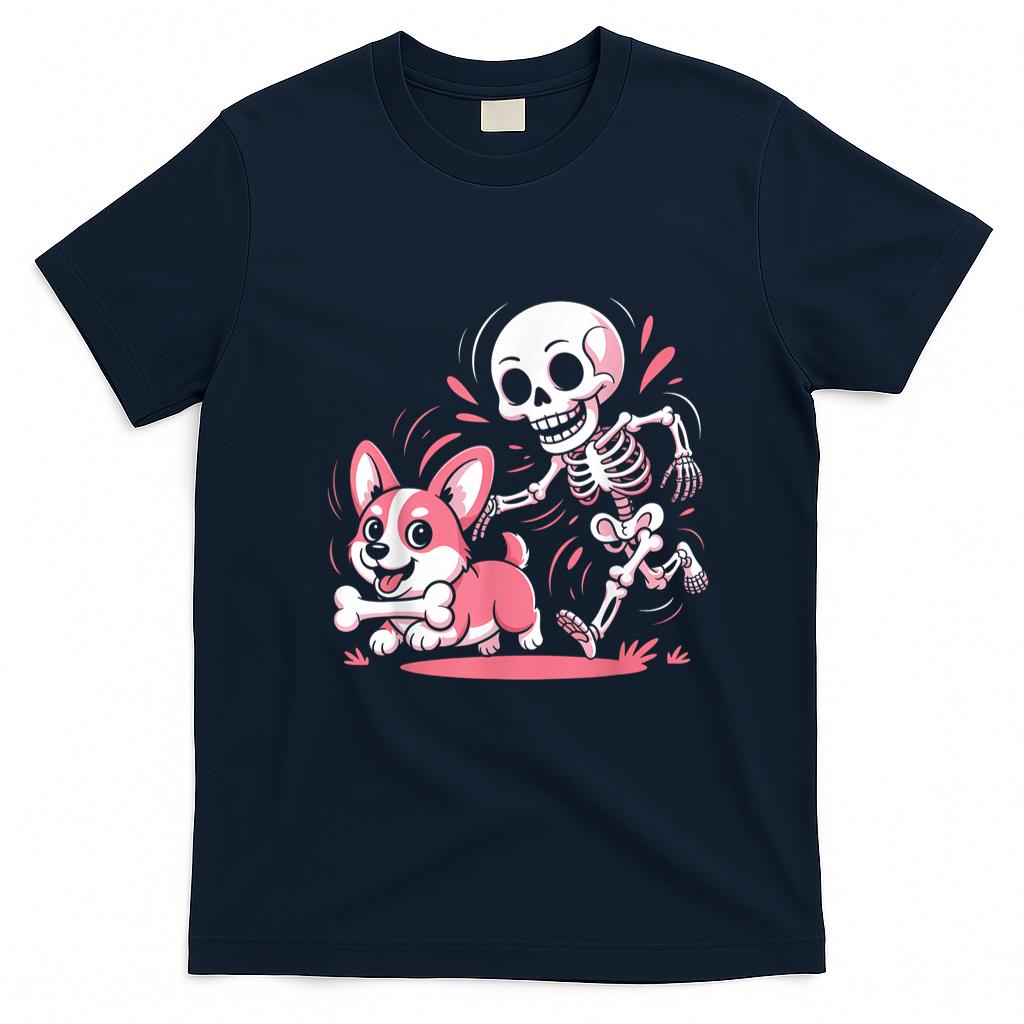 Pet Mom Halloween Shirt - Skeleton Chasing Corgi Halloween Dog Mom Pet Lover Cute T-Shirt