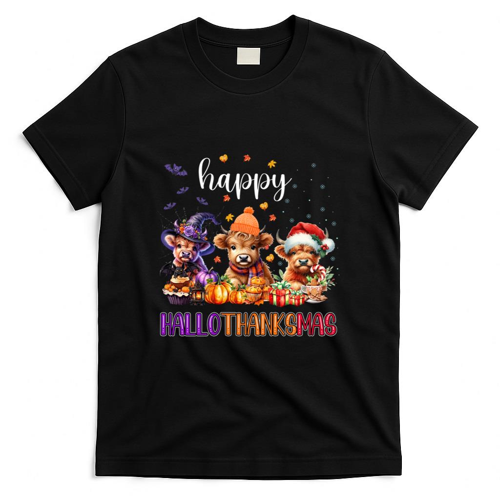Happy Hallothanksmas Highland Cow Halloween Merry Christmas Long Sleeve T-Shirt