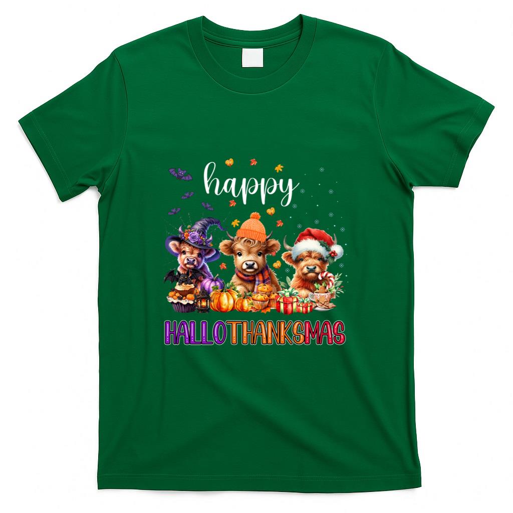 Happy Hallothanksmas Highland Cow Halloween Merry Christmas Long Sleeve T-Shirt