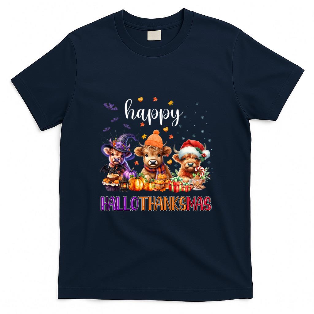 Happy Hallothanksmas Highland Cow Halloween Merry Christmas Long Sleeve T-Shirt