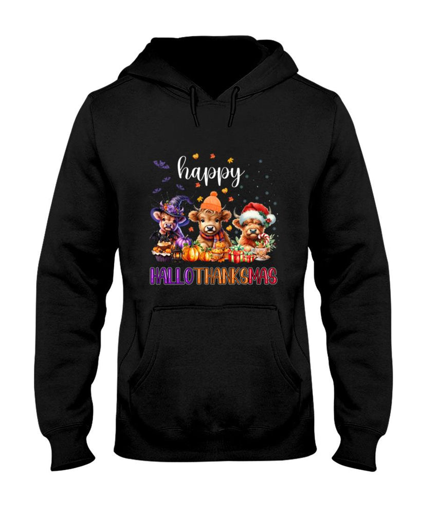 Happy Hallothanksmas Highland Cow Halloween Merry Christmas Long Sleeve T-Shirt