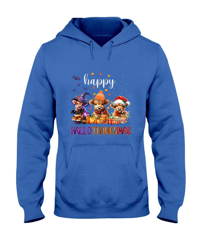 Happy Hallothanksmas Highland Cow Halloween Merry Christmas Long Sleeve T-Shirt