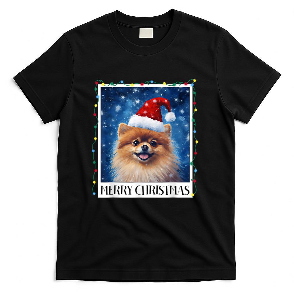 Merry Christmas Pomeranian Santa Hat Xmas Dog Lights Family Men Women Kids T-Shirt