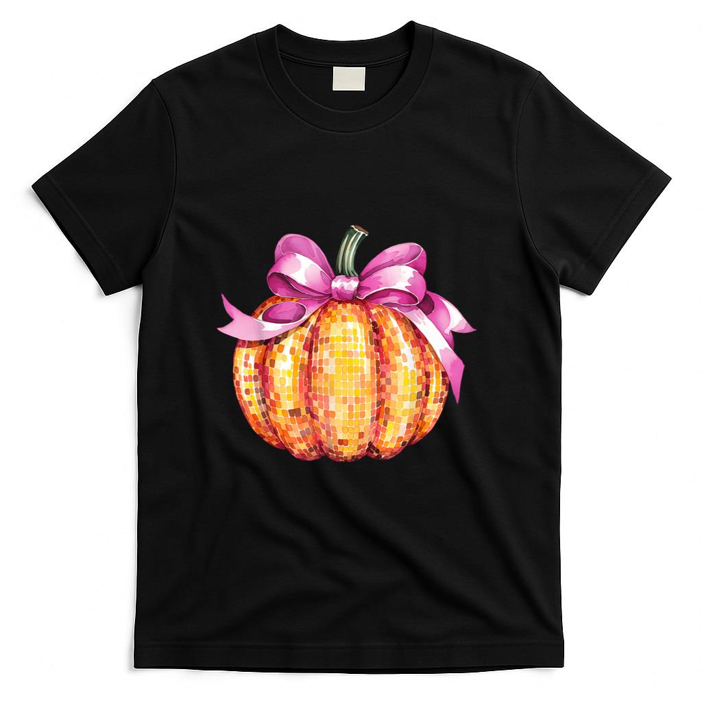 Retro Coquette Pumpkin Pink Bow Fall Thanksgiving Women Girl T-Shirt