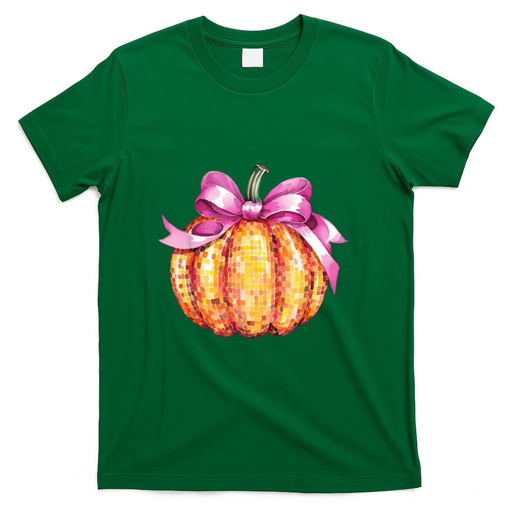 Retro Coquette Pumpkin Pink Bow Fall Thanksgiving Women Girl T-Shirt
