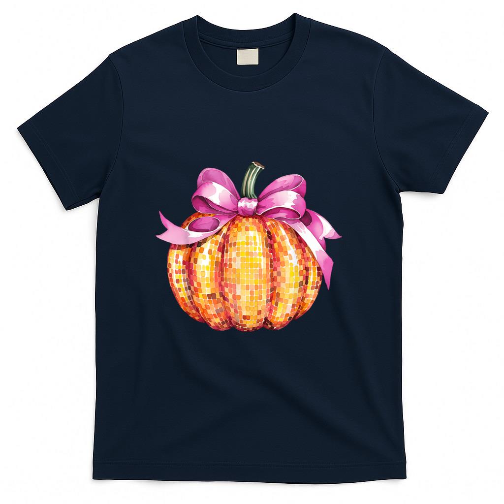 Retro Coquette Pumpkin Pink Bow Fall Thanksgiving Women Girl T-Shirt