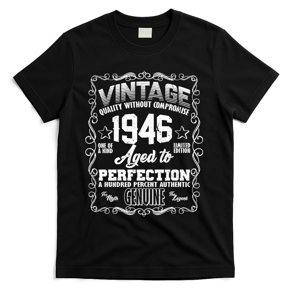 80th Birthday 1946 Vintage Quality Without Compromise Aged To Perfection Genuine T-Shirt - Black