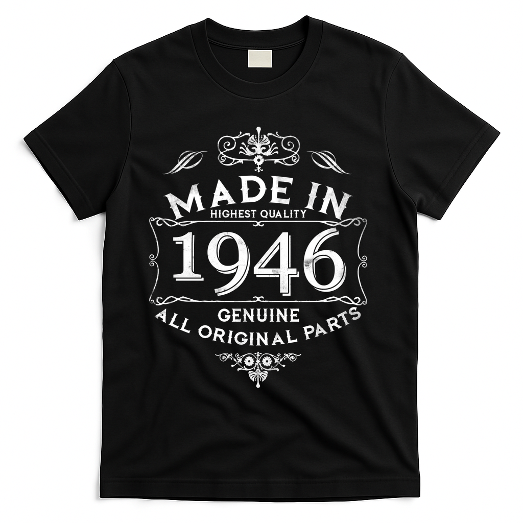 80th Birthday Made In 1946 Highest Quality Genuine All Original Parts T-Shirt - Black