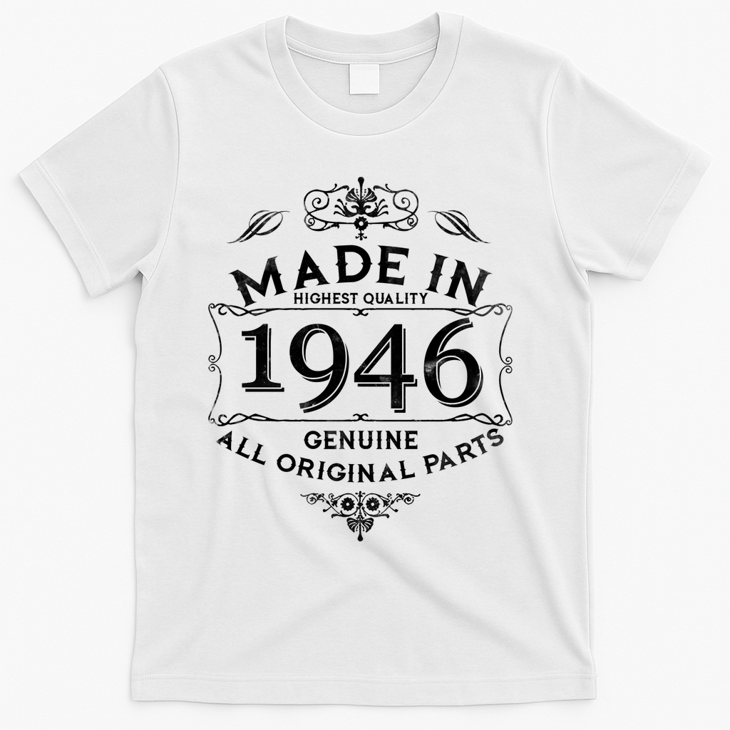 80th Birthday Made In 1946 Highest Quality Genuine All Original Parts T-Shirt - White
