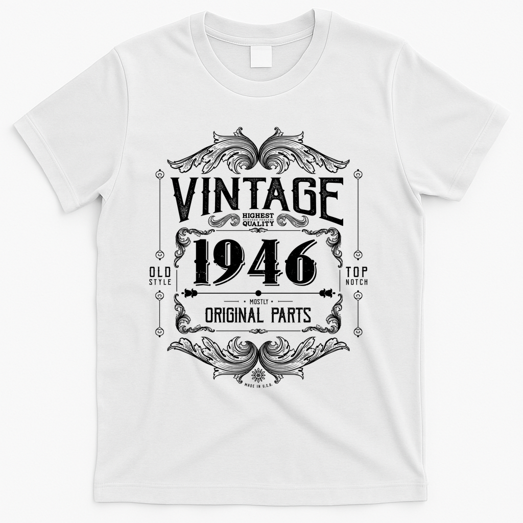 80th Birthday Vintage 1946 Old Style Top Notch Mostly Original Parts Whiskey Label T-Shirt - White