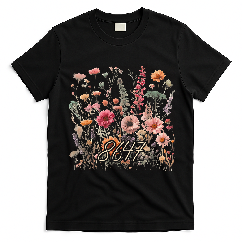 8647 Subtle Anti Trump 86 47 Floral Boho Style T-Shirt - Black
