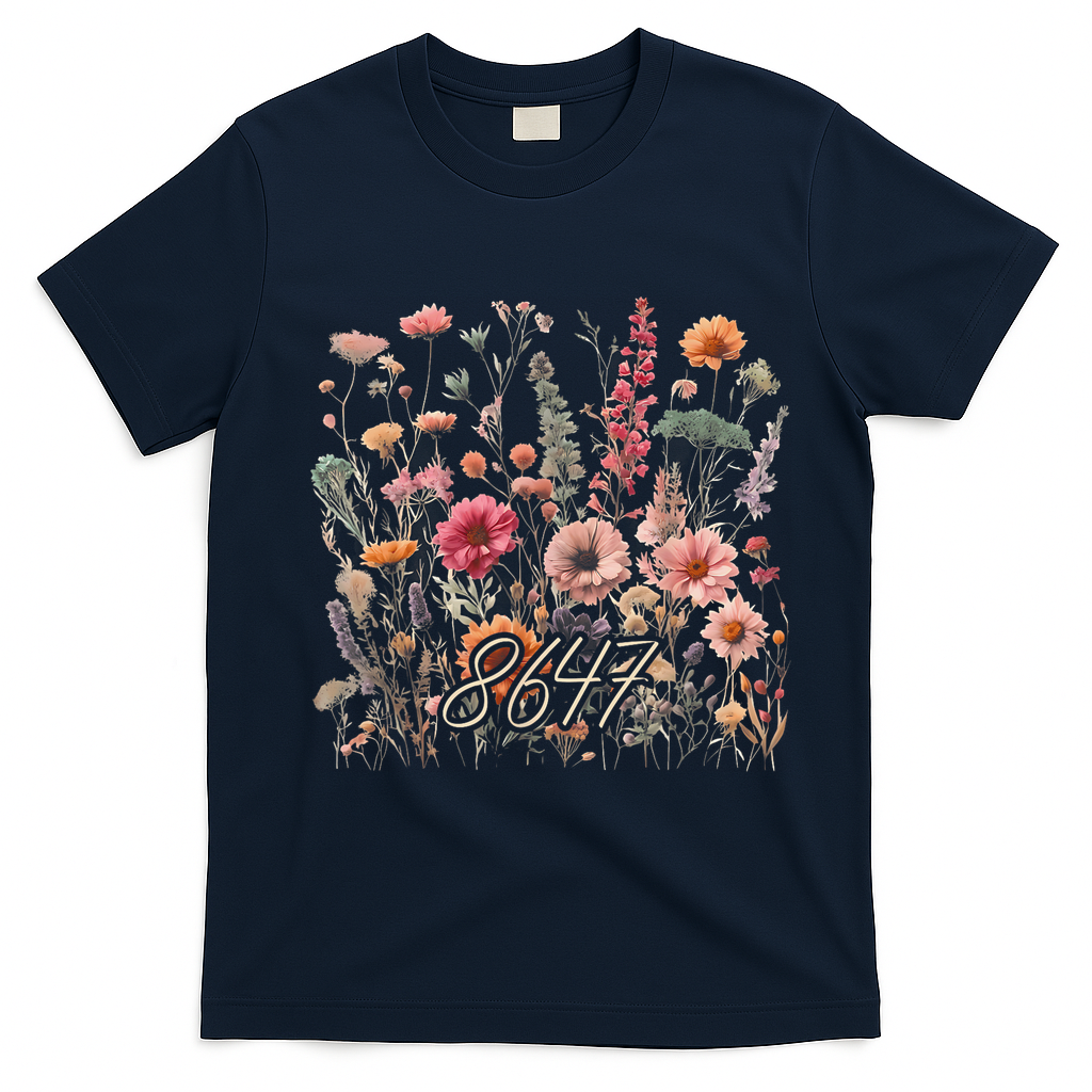8647 Subtle Anti Trump 86 47 Floral Boho Style T-Shirt - Navy Blue