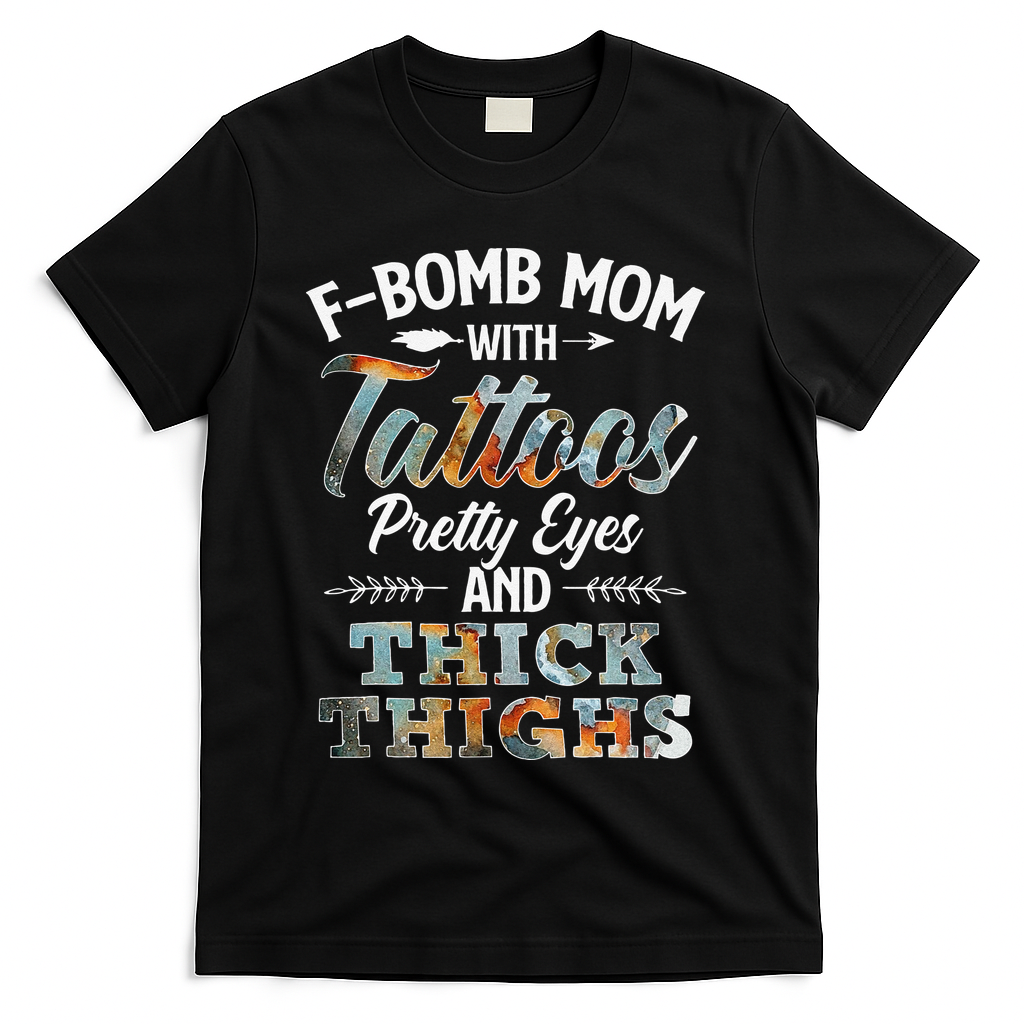 Funny FBomb Mom With Tattoos Pretty Eyes And Thick Thighs T-Shirt