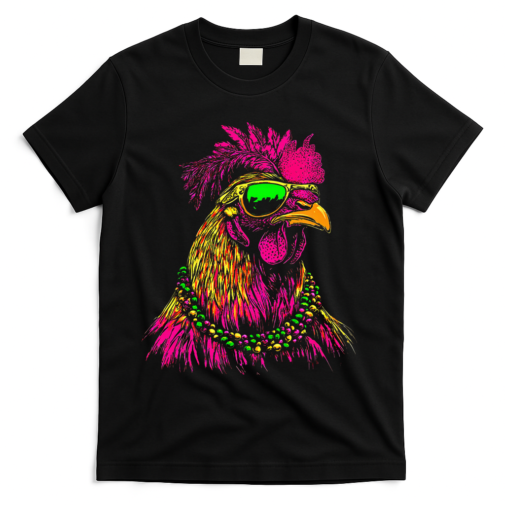 Mardi Gras Chicken Sunglasses Beads Farmer New Orleans Party T-Shirt