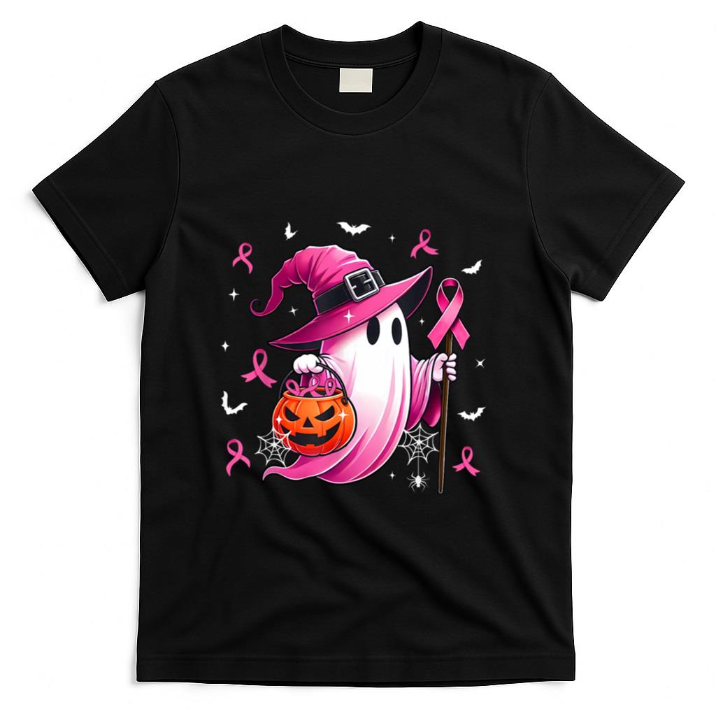 Halloween Pink Ghost Witch Breast Cancer Awareness Women T-Shirt