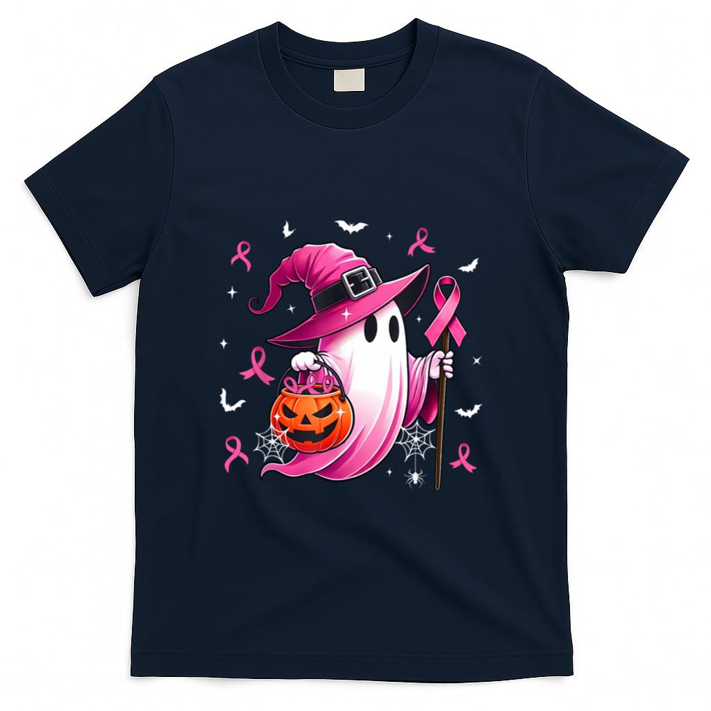Halloween Pink Ghost Witch Breast Cancer Awareness Women T-Shirt