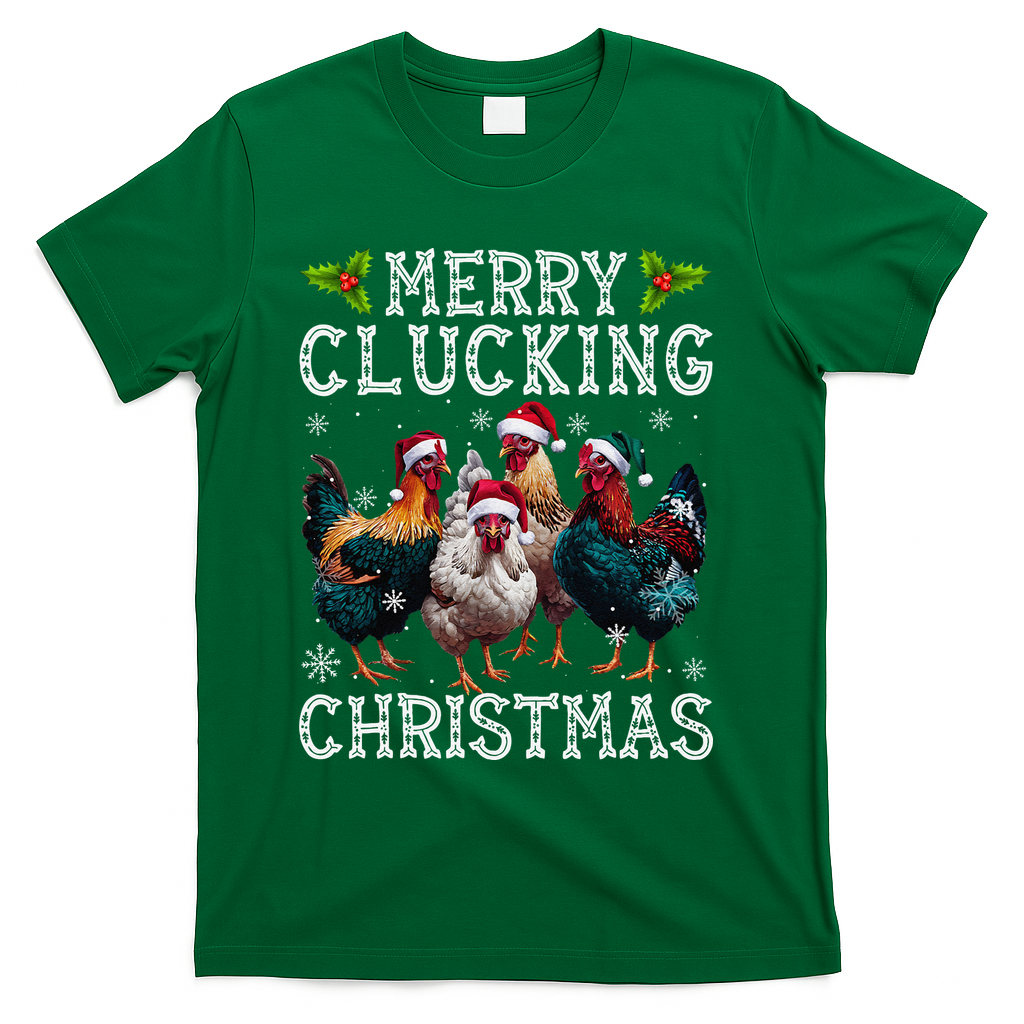Merry Clucking Christmas Funny Chicken Lights Santa Hat Xmas T-Shirt