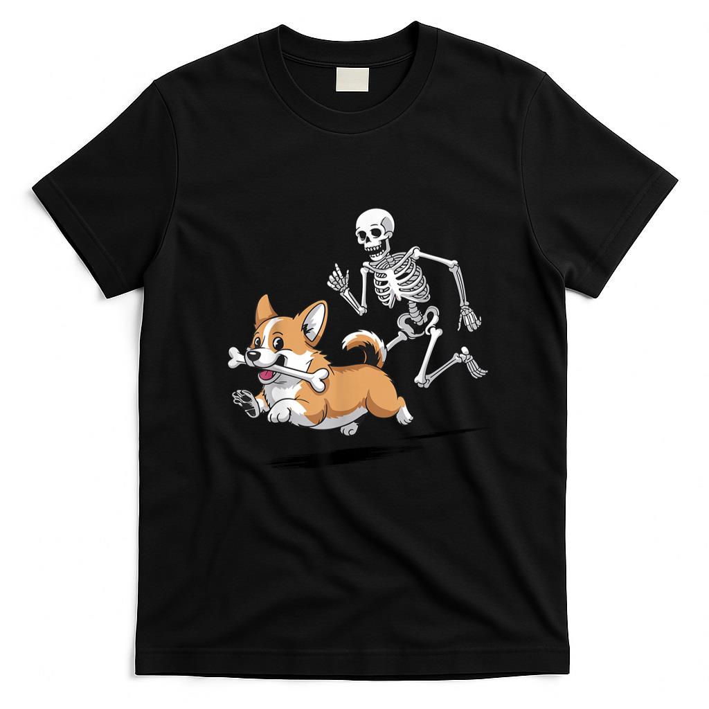 Pet Mom Halloween Shirt - Funny Skeleton Chasing Corgi Halloween for Dog Mom Pet Lover T-Shirt