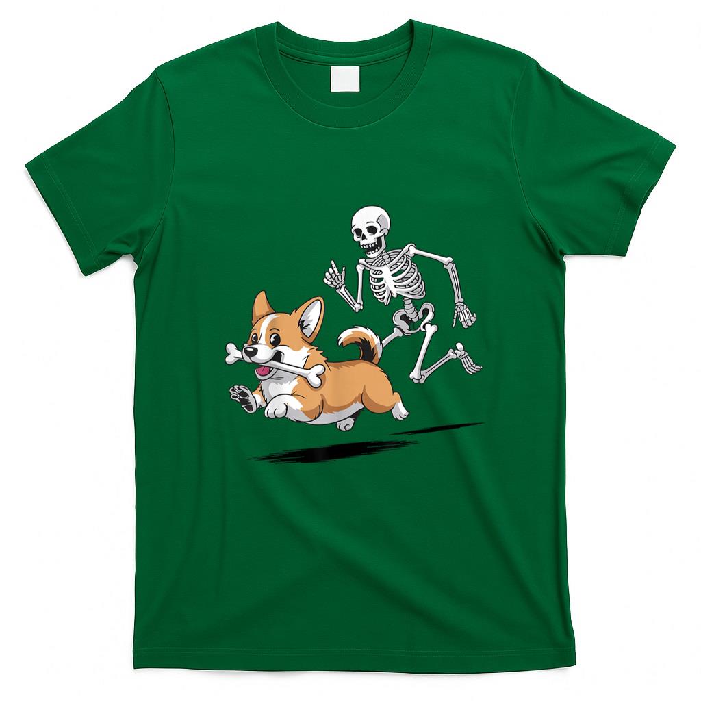 Pet Mom Halloween Shirt - Funny Skeleton Chasing Corgi Halloween for Dog Mom Pet Lover T-Shirt