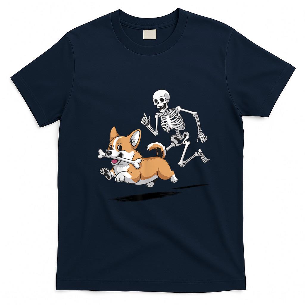 Pet Mom Halloween Shirt - Funny Skeleton Chasing Corgi Halloween for Dog Mom Pet Lover T-Shirt
