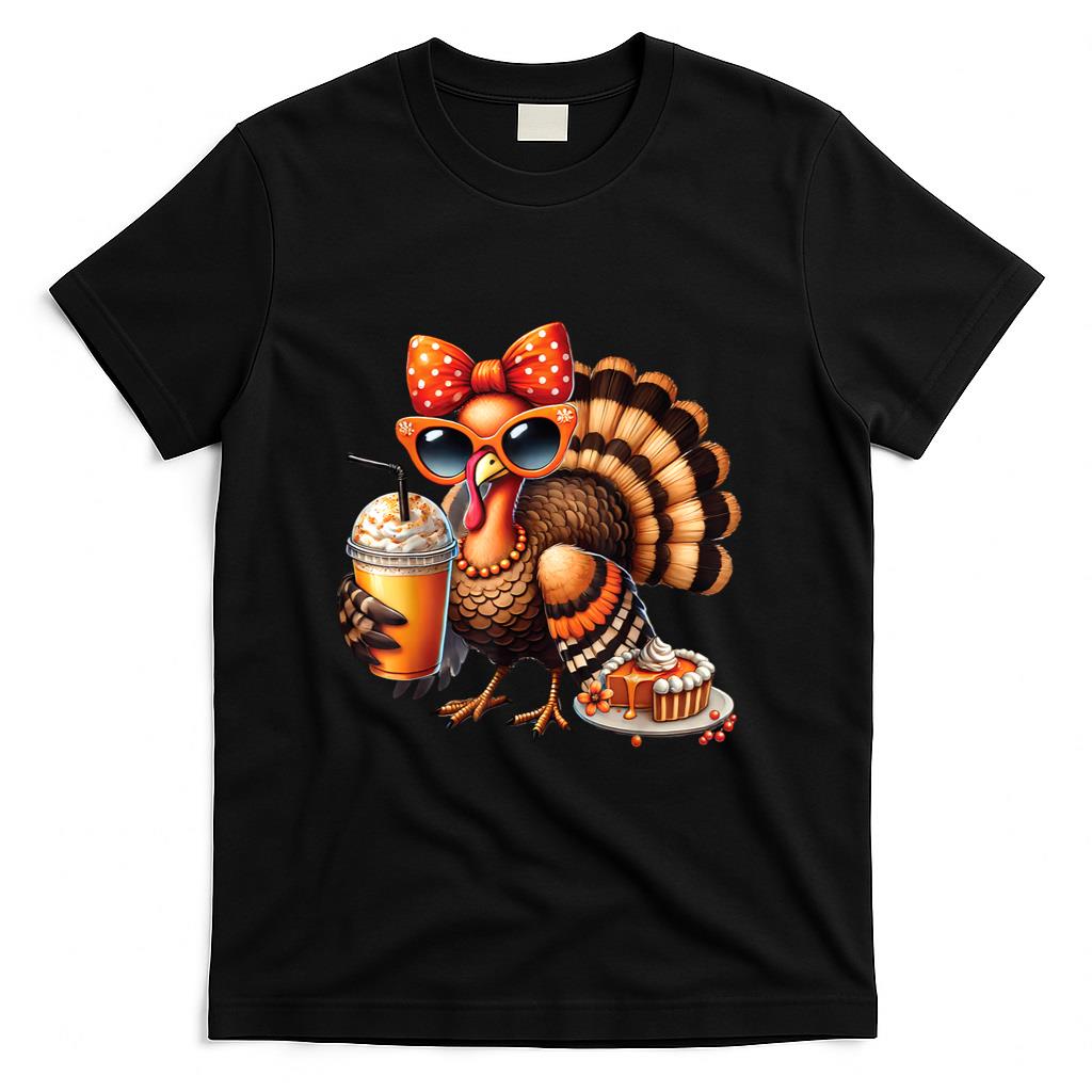 Turkey Drinking Coffee Bow Thanksgiving Womens Turkey Day T-Shirt