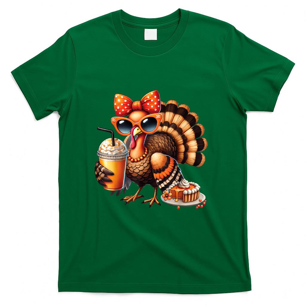 Turkey Drinking Coffee Bow Thanksgiving Womens Turkey Day T-Shirt