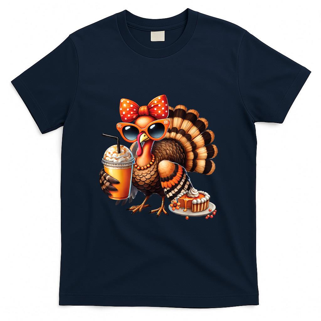 Turkey Drinking Coffee Bow Thanksgiving Womens Turkey Day T-Shirt