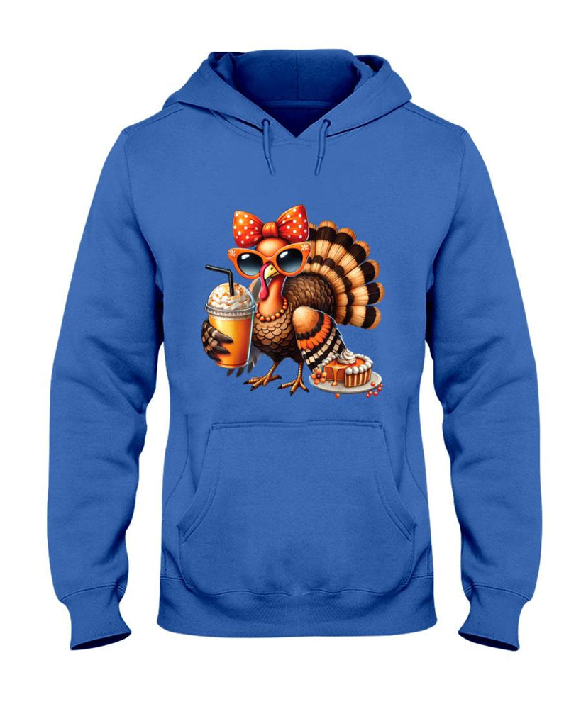 Turkey Drinking Coffee Bow Thanksgiving Womens Turkey Day T-Shirt