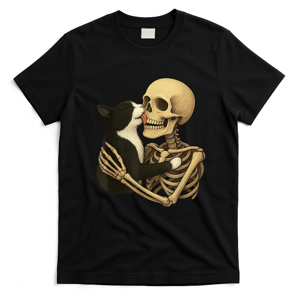 Pet Mom Halloween Shirt - Skeleton Hugging Cat Halloween Tuxedo Cat Lover Cat Mom Dad T-Shirt