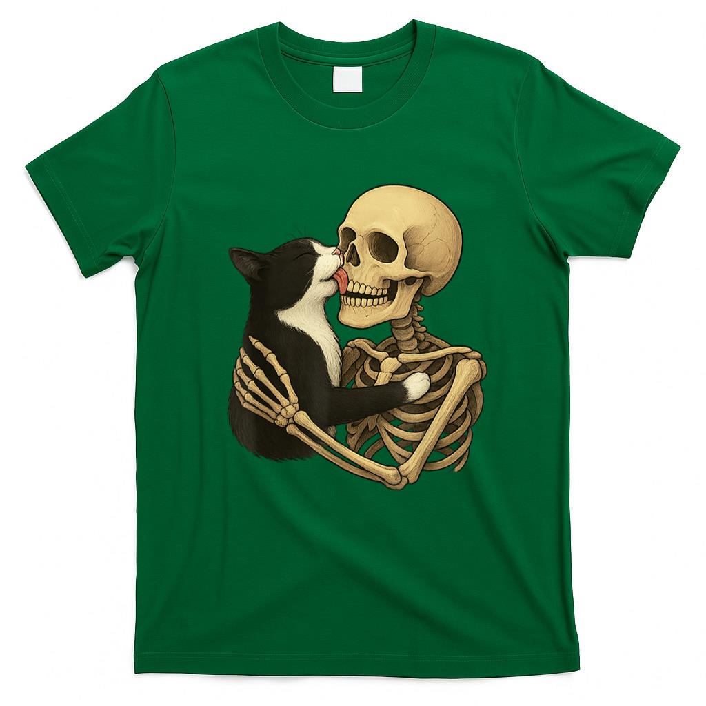 Pet Mom Halloween Shirt - Skeleton Hugging Cat Halloween Tuxedo Cat Lover Cat Mom Dad T-Shirt
