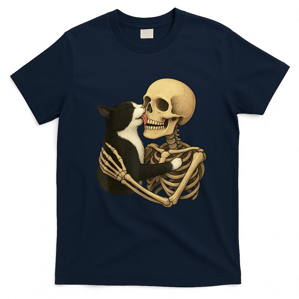 Pet Mom Halloween Shirt - Skeleton Hugging Cat Halloween Tuxedo Cat Lover Cat Mom Dad T-Shirt