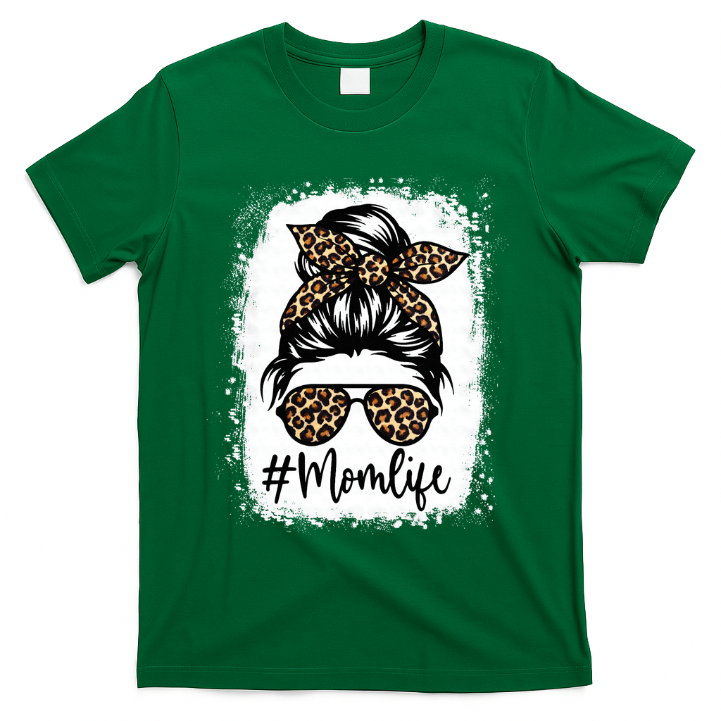 Women Mom Life Bleached Mom Life Leopard Messy Bun T-Shirt
